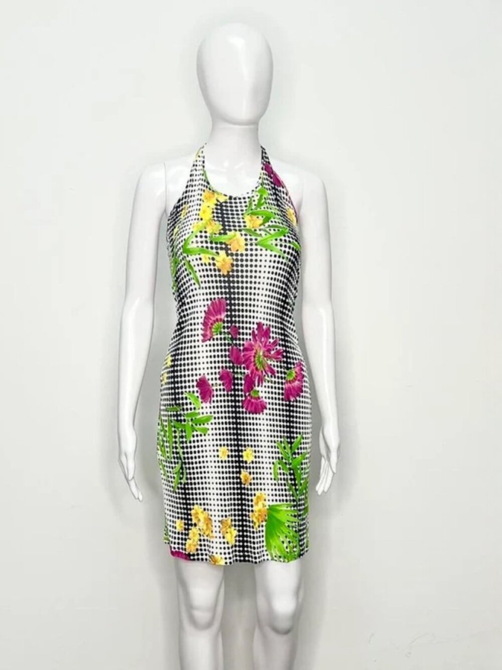 1990s Versace Jeans Couture optical polka dot floral print mini dress IT 44